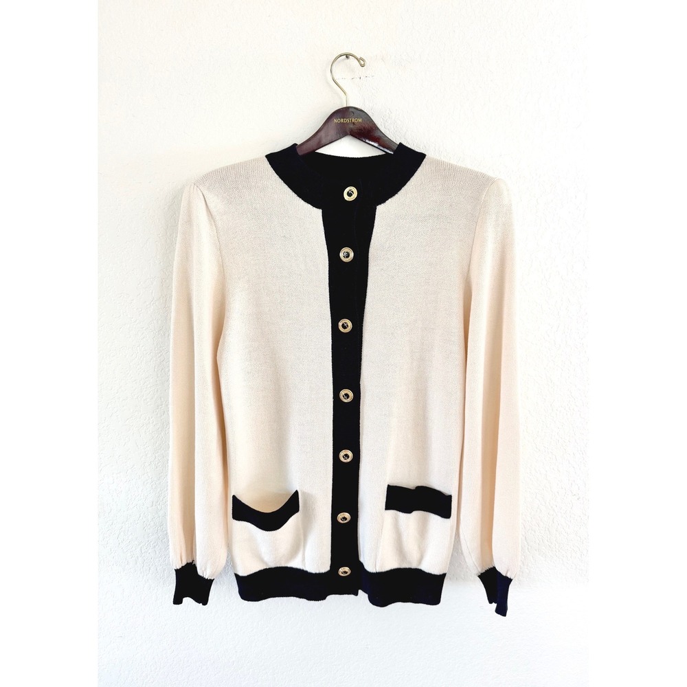 Vintage St. John Cream and Black Knit Cardigan Womens Medium